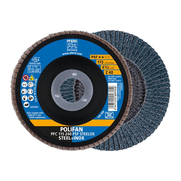 Pferd 4-1/2" x 7/8" A.H. POLIFAN Flap Disc - Z PSF STEELOX, Zirconia, 40 Grit, Conical 62052 - main